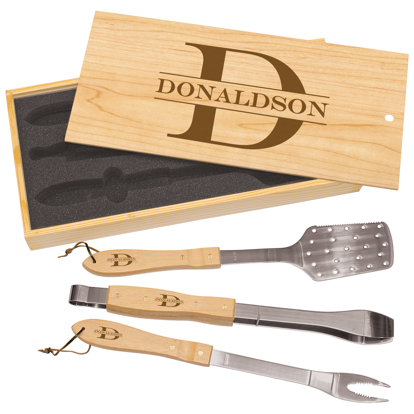 Custom 3-Piece BBQ Set in Wooden Pine Box with Engraved Logo