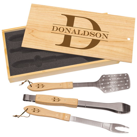Custom 3-Piece BBQ Set in Wooden Pine Box with Engraved Logo