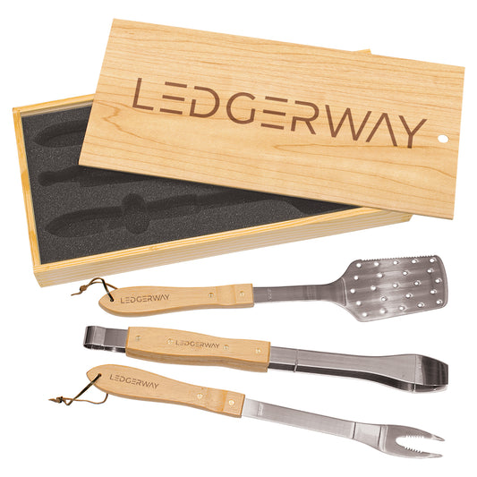 LEDGERWAY Custom 3-Piece BBQ Set in Wooden Pine Box with Engraved Logo