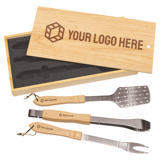 [Swag Store Ready] Custom 3-Piece BBQ Set in Wooden Pine Box with Engraved Logo