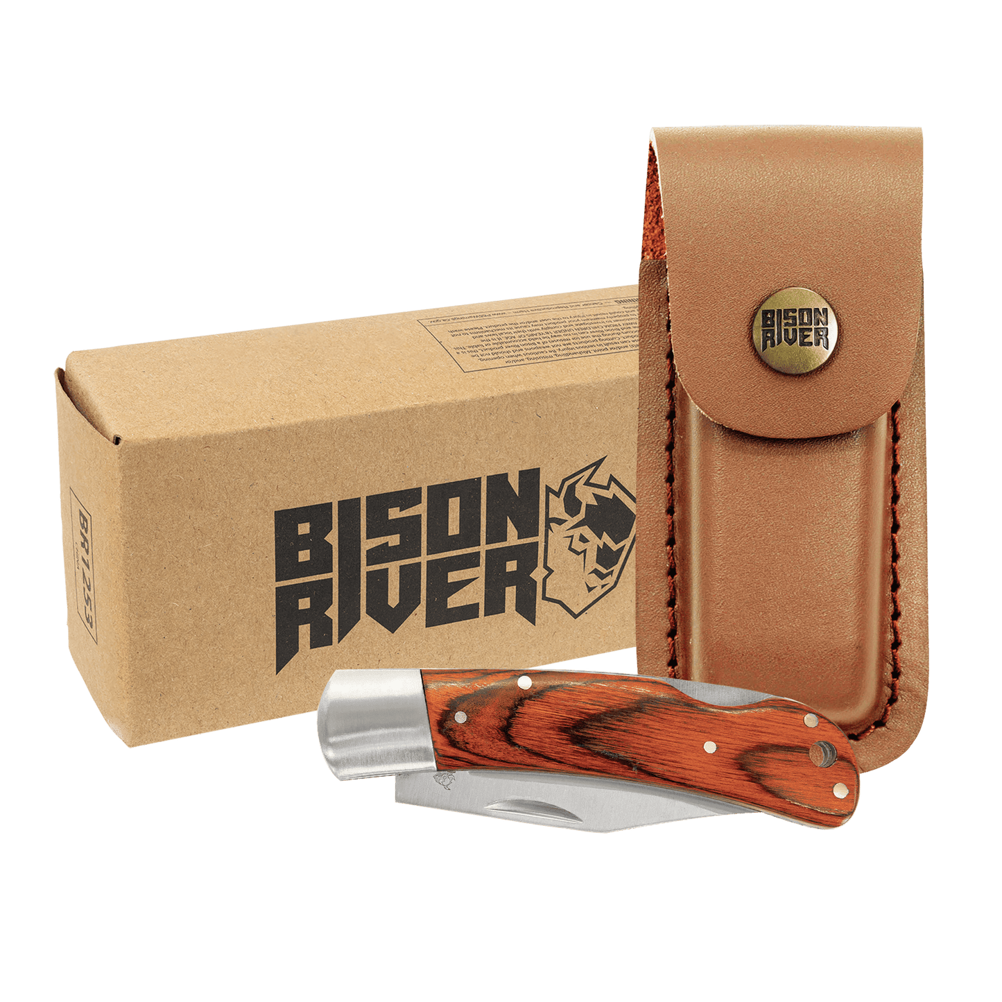 Custom Bison River™ 4" Folding Knife with Leather Sheath with Engraved Logo