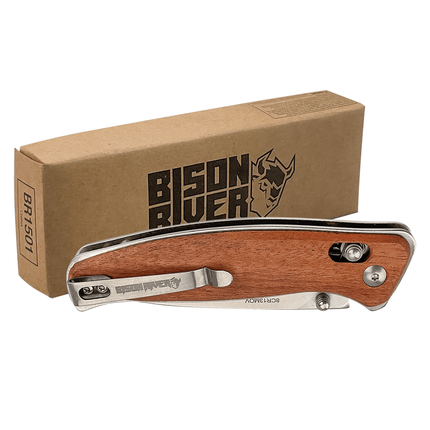 Custom Bison River™ Button Lock Folding Knife with Leather Sheath with Engraved Logo