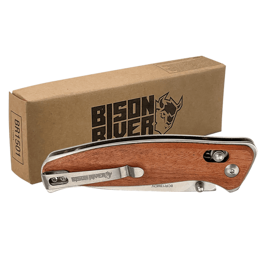 Custom Bison River™ Button Lock Folding Knife with Leather Sheath with Engraved Logo