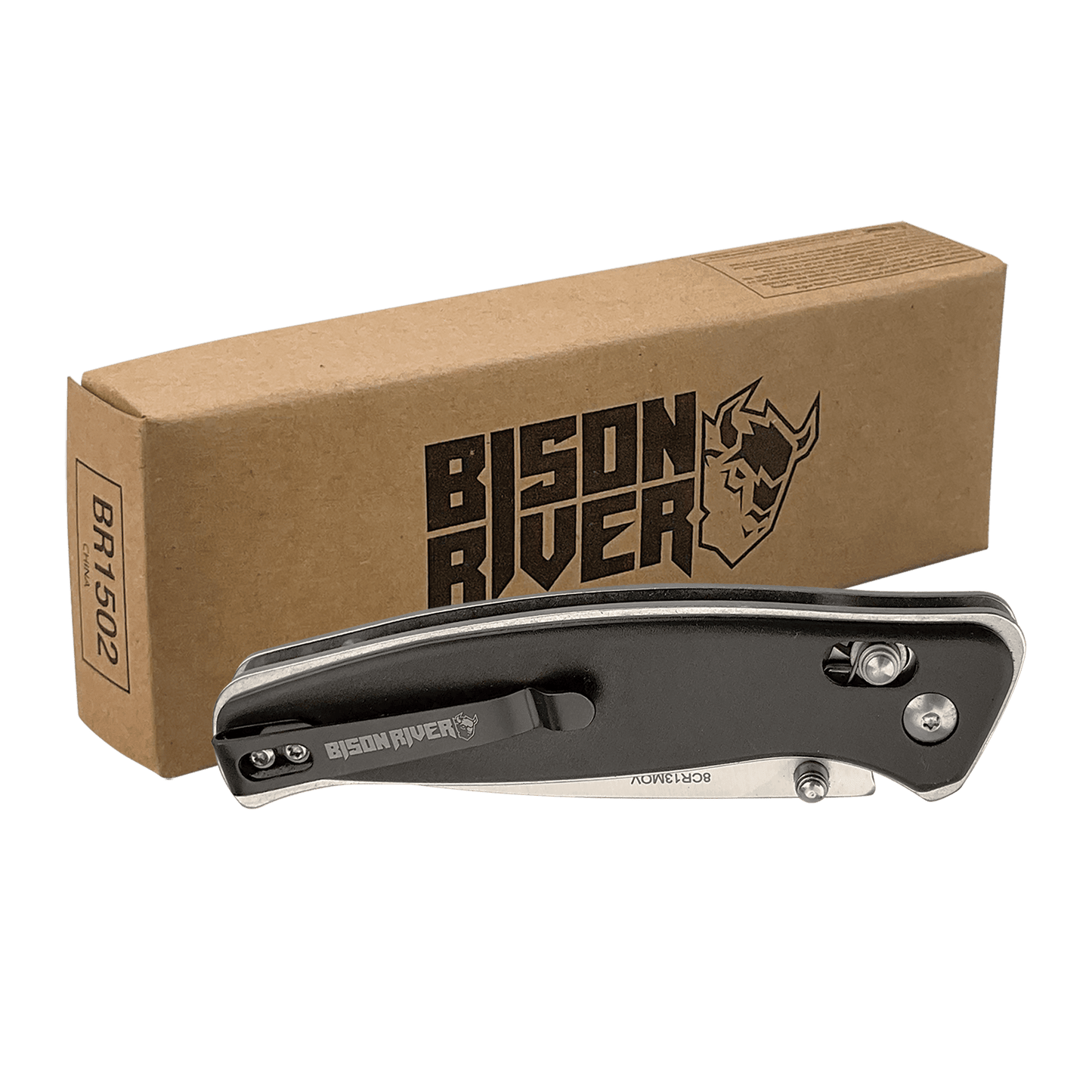 Custom Bison River™ Button Lock Folding Knife with Leather Sheath with Engraved Logo