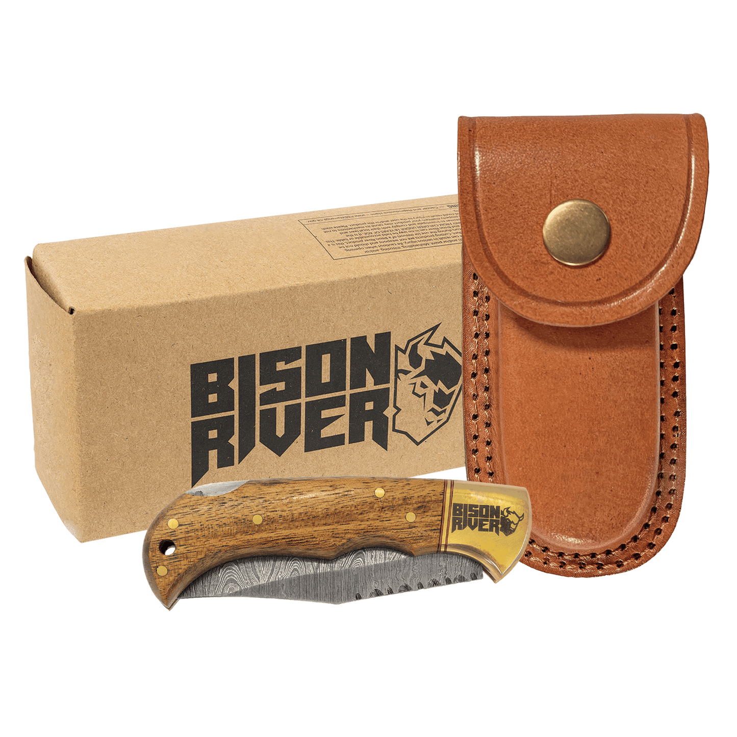Custom Bison River™ Damascus Steel Folding Knife with Leather Sheath with Engraved Logo