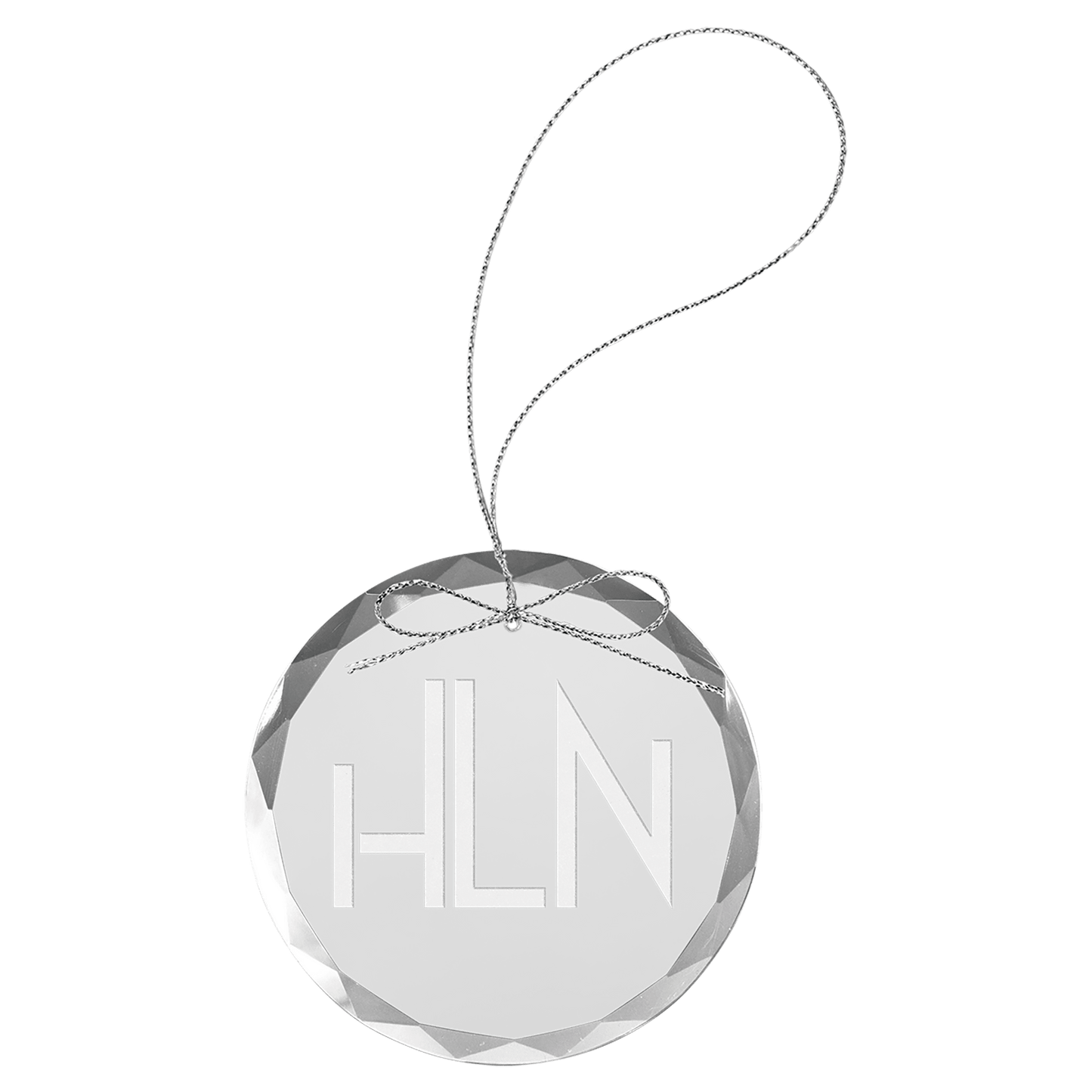 Custom Laser Engraved Clear Round Glass Ornament with Silver String 3 1/4"