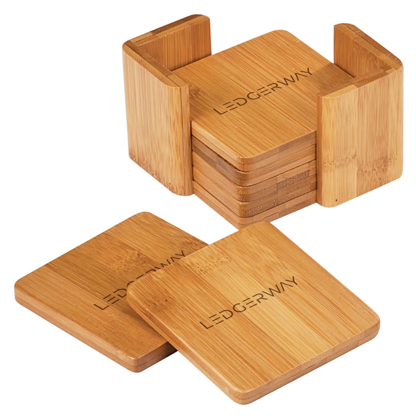 LEDGERWAY 6 Piece Square Bamboo Coaster Set with Holder