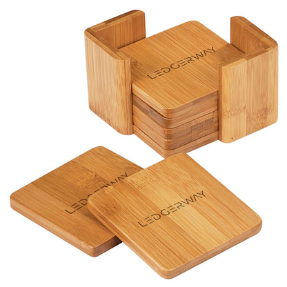 LEDGERWAY 6 Piece Square Bamboo Coaster Set with Holder