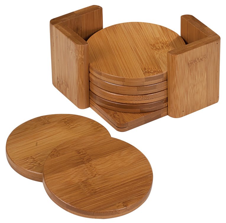 Custom Round Bamboo Coaster Set with Laser Engraved Logo