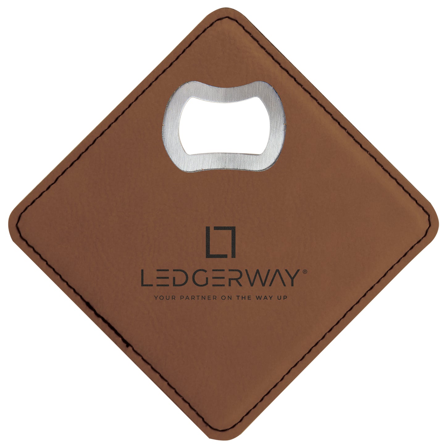LEDGERWAY Stacked Logo Engraved - Square Vegan Leather Bottle Opener Coaster