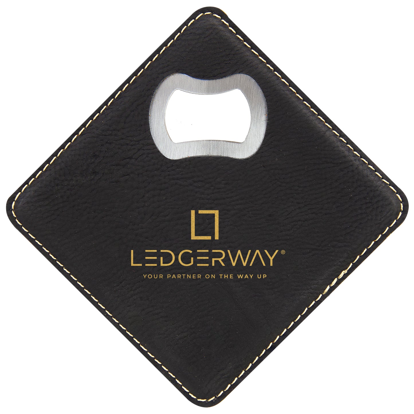 LEDGERWAY Stacked Logo Engraved - Square Vegan Leather Bottle Opener Coaster