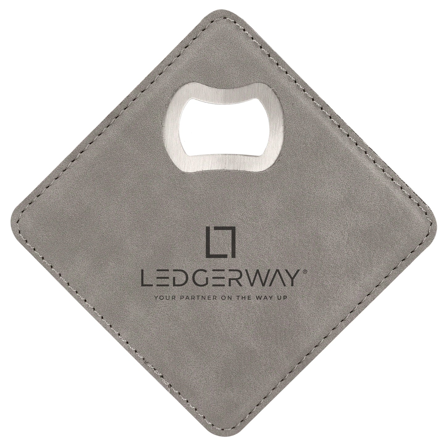 LEDGERWAY Stacked Logo Engraved - Square Vegan Leather Bottle Opener Coaster