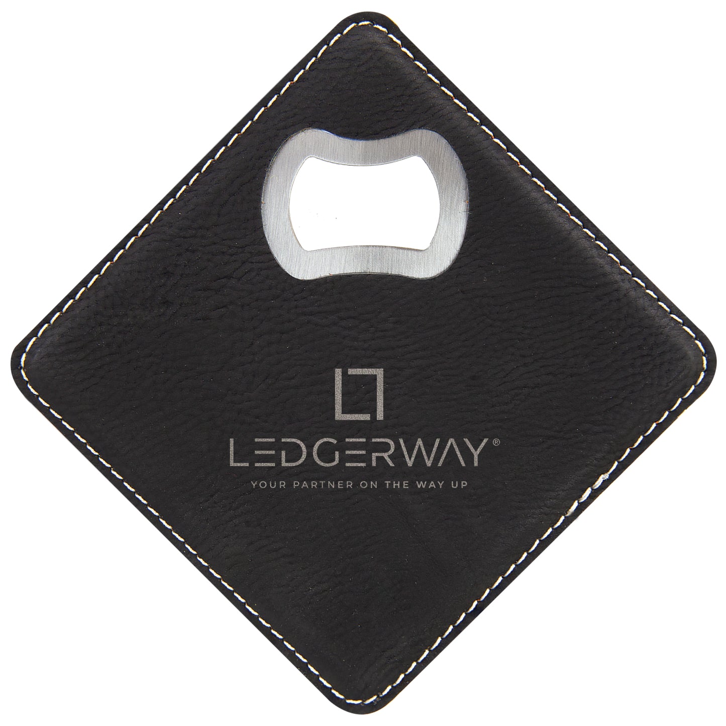 LEDGERWAY Stacked Logo Engraved - Square Vegan Leather Bottle Opener Coaster