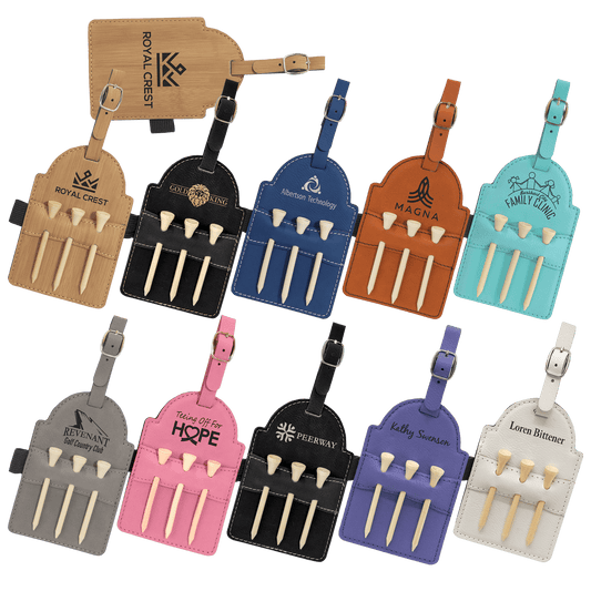 Custom Laserable Leatherette Golf Bag Tag with 3 Wooden Tees Sample Set 5" x 3 1/4"