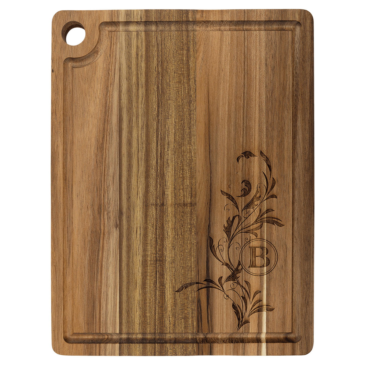 Custom Acacia Cutting Board with Drip Ring and Corner Hole with Engraved Logo