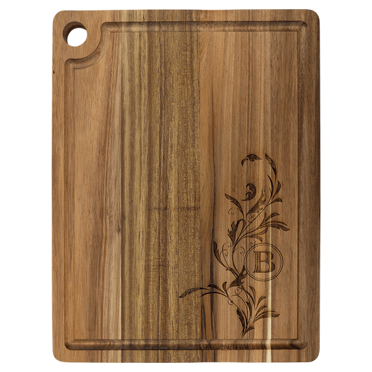 Custom Acacia Cutting Board with Drip Ring and Corner Hole with Engraved Logo