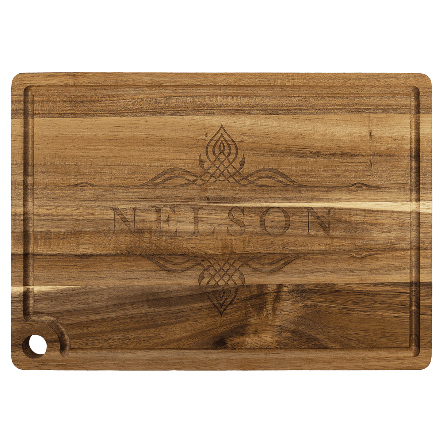 Custom Acacia Cutting Board with Drip Ring and Corner Hole with Engraved Logo