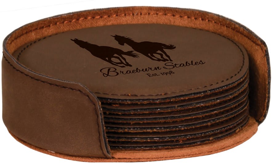 Custom Round Vegan Leather Coaster Set with Engraved Logo