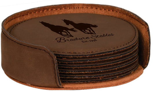 Custom Round Vegan Leather Coaster Set with Engraved Logo