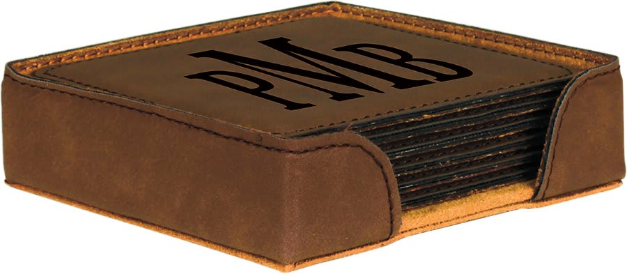 Custom Square 4" Vegan Leather Coaster Sets with Engraved Logo