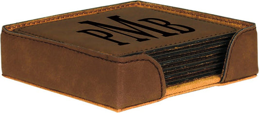 Custom Square 4" Vegan Leather Coaster Sets with Engraved Logo