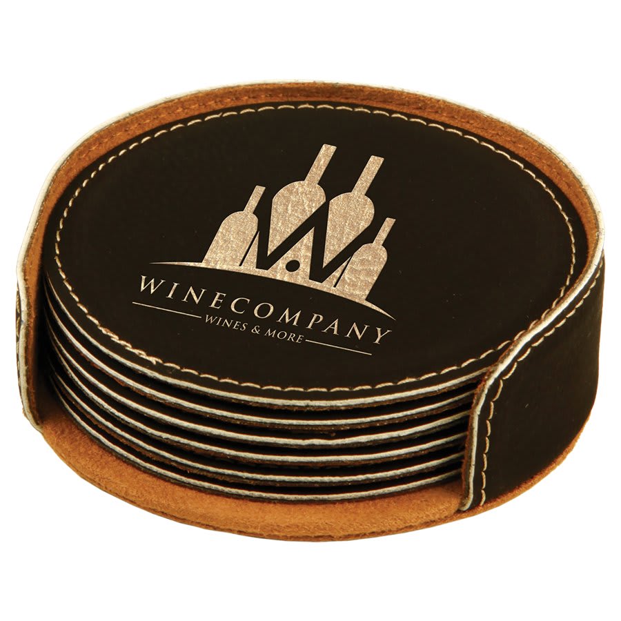 Custom Round Vegan Leather Coaster Set with Engraved Logo