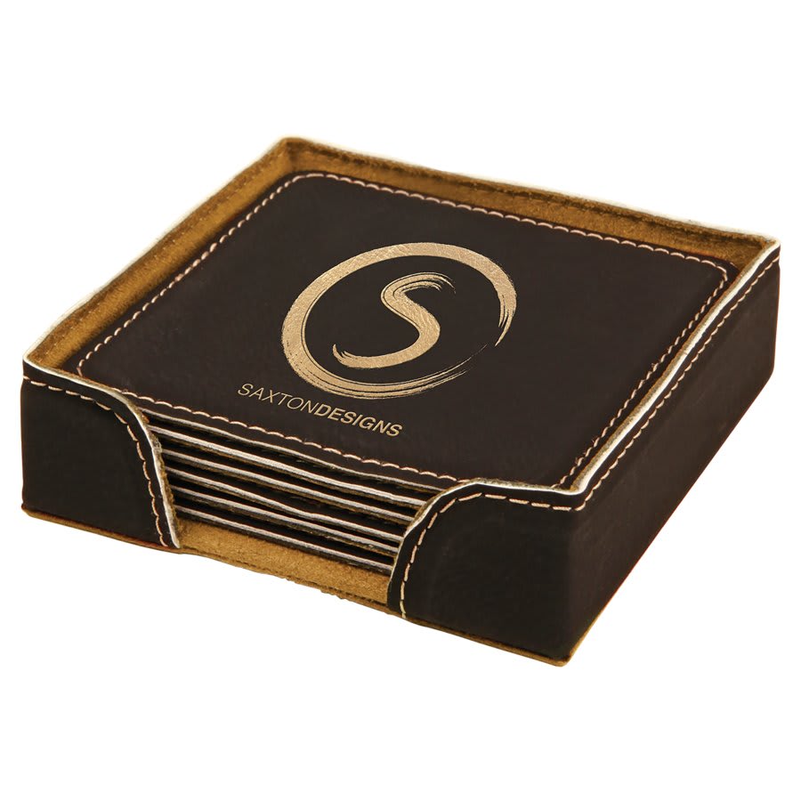 Custom Square 4" Vegan Leather Coaster Sets with Engraved Logo