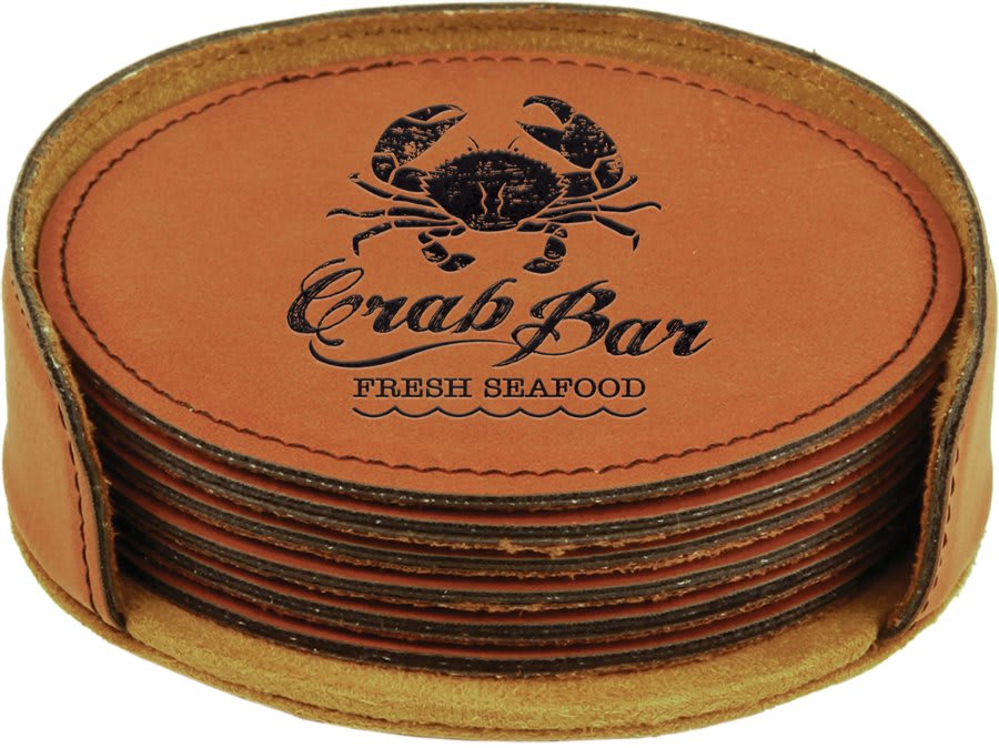 Custom Round Vegan Leather Coaster Set with Engraved Logo