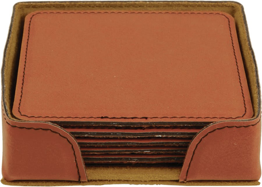 Custom Square 4" Vegan Leather Coaster Sets with Engraved Logo