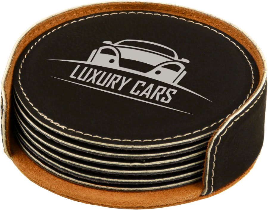 Custom Round Vegan Leather Coaster Set with Engraved Logo