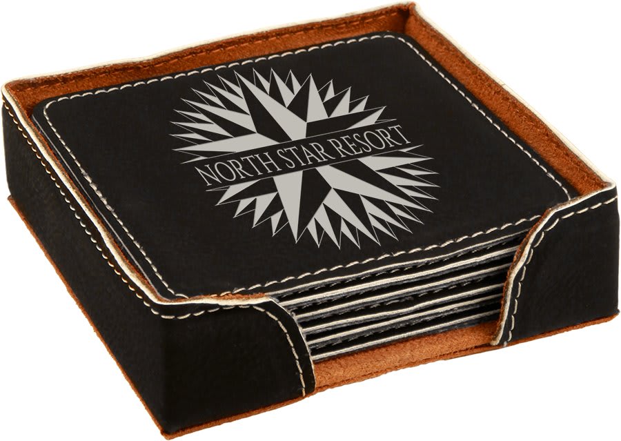 Custom Square 4" Vegan Leather Coaster Sets with Engraved Logo