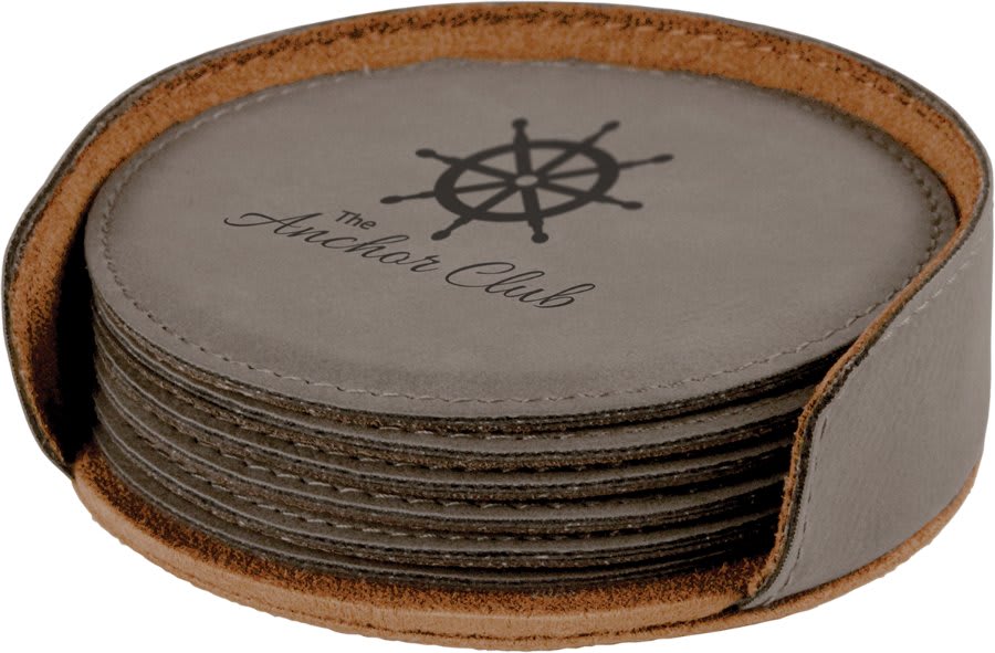 Custom Round Vegan Leather Coaster Set with Engraved Logo
