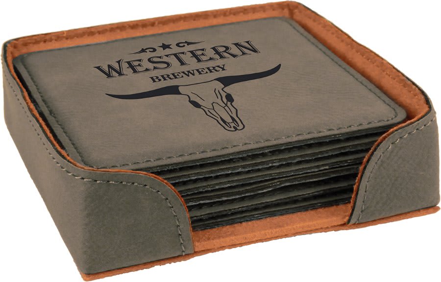 Custom Square 4" Vegan Leather Coaster Sets with Engraved Logo