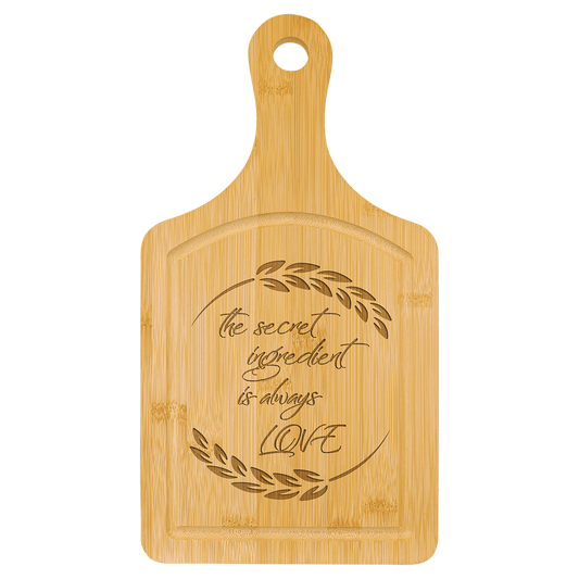 Custom Bamboo Paddle Cutting Boards with Vertical Laser Engraved Logo