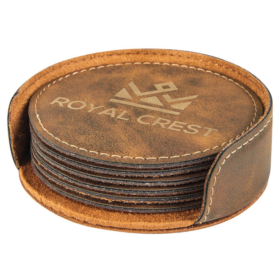 Custom Round Vegan Leather Coaster Set with Engraved Logo