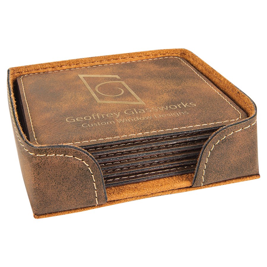 Custom Square 4" Vegan Leather Coaster Sets with Engraved Logo