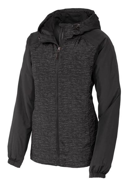 DISCONTINUED - Sport-Tek® Ladies Heather Colorblock Raglan Hooded Wind Jacket