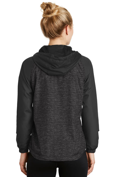 DISCONTINUED - Sport-Tek® Ladies Heather Colorblock Raglan Hooded Wind Jacket