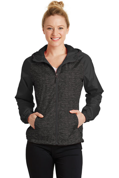 DISCONTINUED - Sport-Tek® Ladies Heather Colorblock Raglan Hooded Wind Jacket