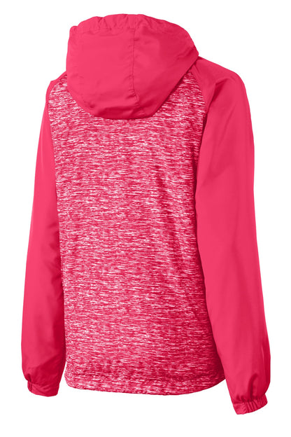 DISCONTINUED - Sport-Tek® Ladies Heather Colorblock Raglan Hooded Wind Jacket
