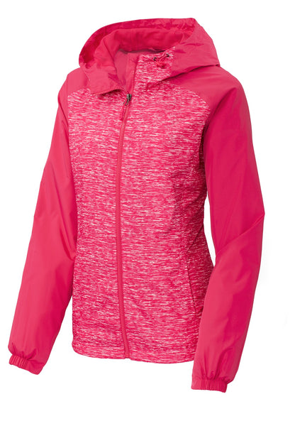 DISCONTINUED - Sport-Tek® Ladies Heather Colorblock Raglan Hooded Wind Jacket