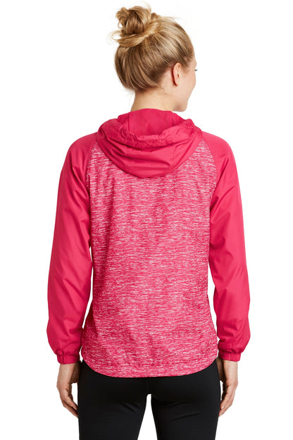 DISCONTINUED - Sport-Tek® Ladies Heather Colorblock Raglan Hooded Wind Jacket