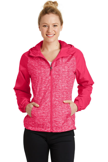 DISCONTINUED - Sport-Tek® Ladies Heather Colorblock Raglan Hooded Wind Jacket