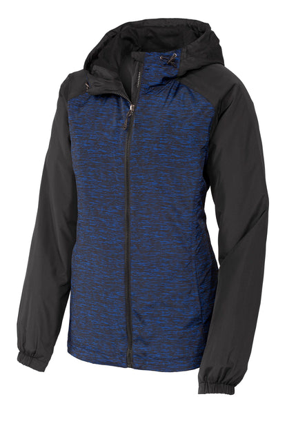 DISCONTINUED - Sport-Tek® Ladies Heather Colorblock Raglan Hooded Wind Jacket