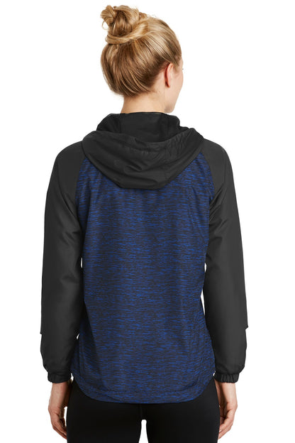 DISCONTINUED - Sport-Tek® Ladies Heather Colorblock Raglan Hooded Wind Jacket