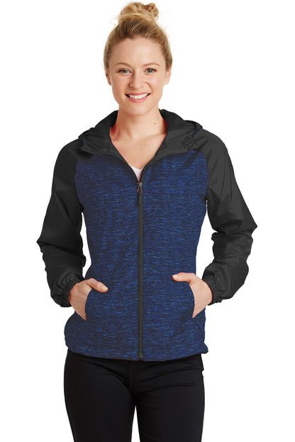 DISCONTINUED - Sport-Tek® Ladies Heather Colorblock Raglan Hooded Wind Jacket