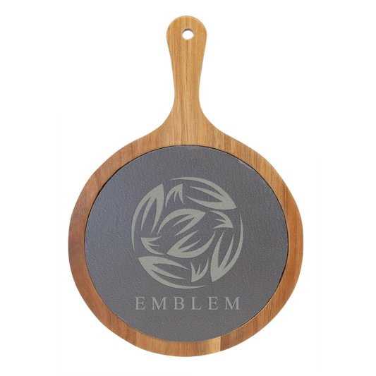 Round Acacia Wood/Slate Serving Board with Handle