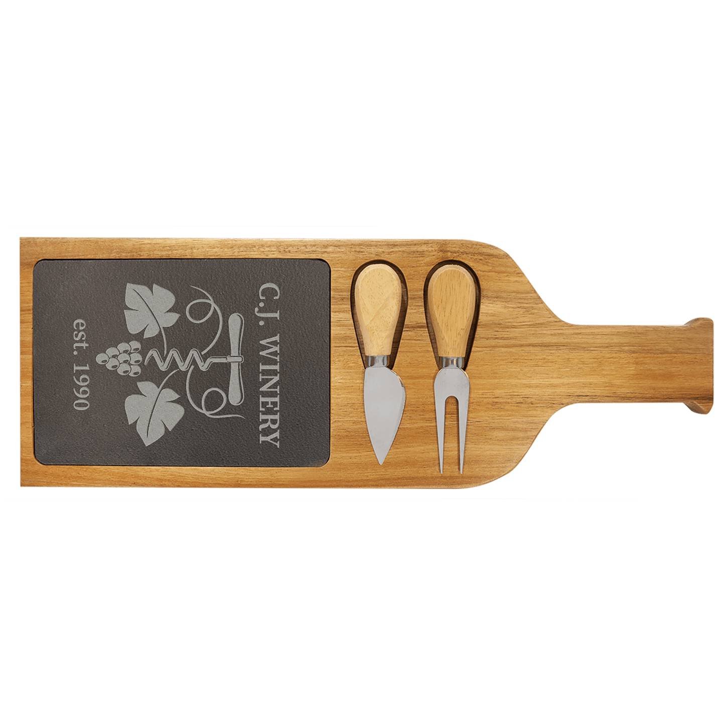 Custom Acacia Wood & Slate Serving Board with Cheese Tools & Engraved Logo