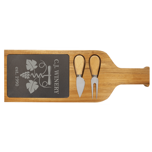 Custom Acacia Wood & Slate Serving Board with Cheese Tools & Engraved Logo