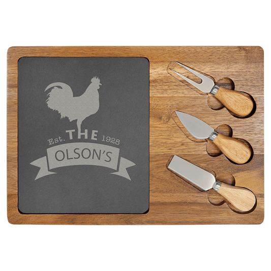 Custom Acacia Wood & Slate Cheese Set with Tools & Engraved Logo